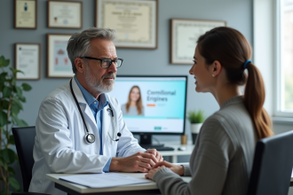 Médecin en consultation avec une patiente dans un bureau moderne