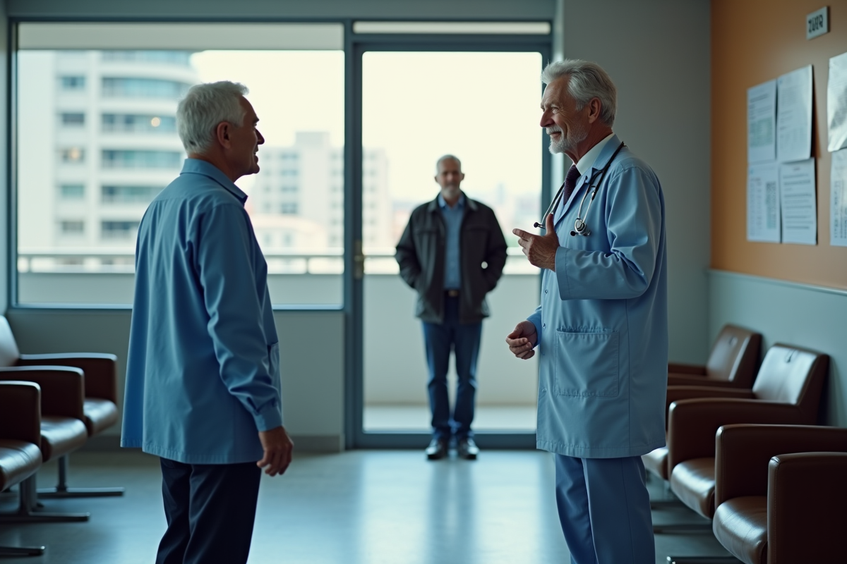 Medecin accueillant un patient dans une salle d attente bien organisée