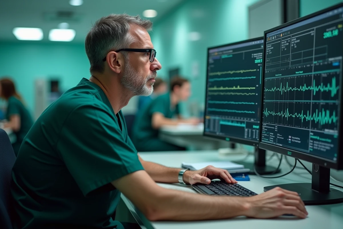 Médecin urgentiste consultant les résultats de troponine et marqueurs cardiaques sur écran en salle d'urgence