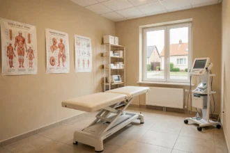 Salle de kinésithérapie moderne et professionnelle en Seine-et-Marne avec table de traitement et équipements médicaux