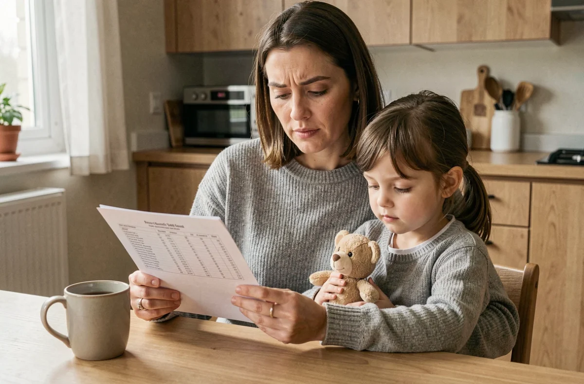 Mère lisant les résultats d'analyse sanguine de sa fille à la maison