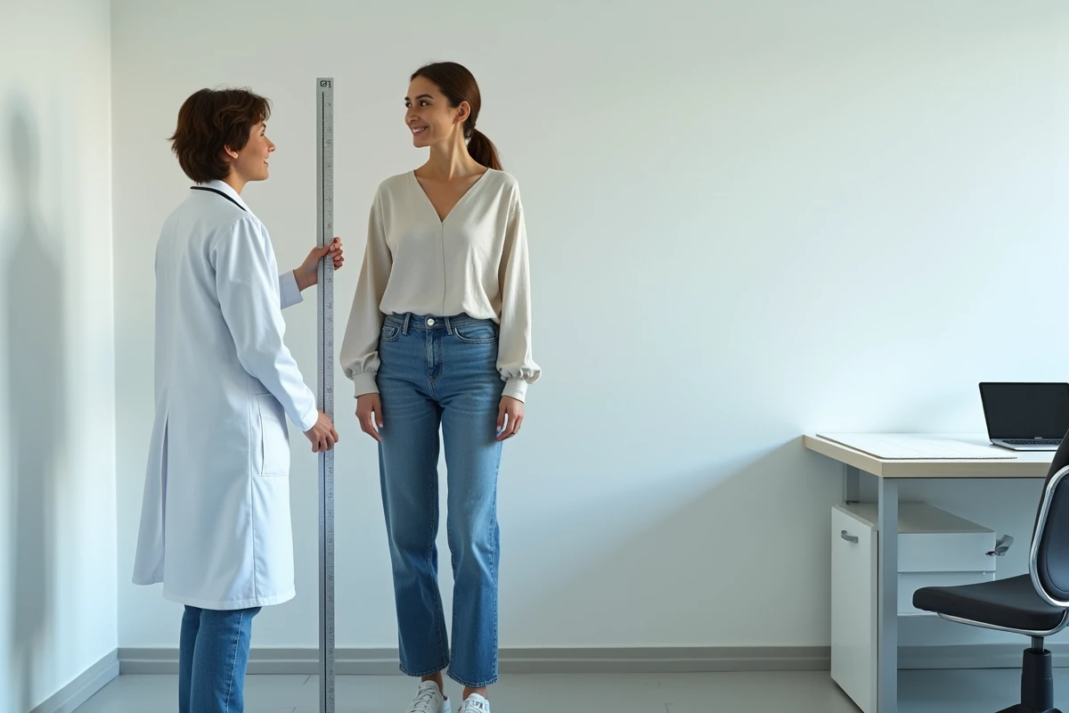 Femme se faisant mesurer la taille par un professionnel de santé dans un cabinet médical, dans le cadre d'un bilan de poids et d'IMC