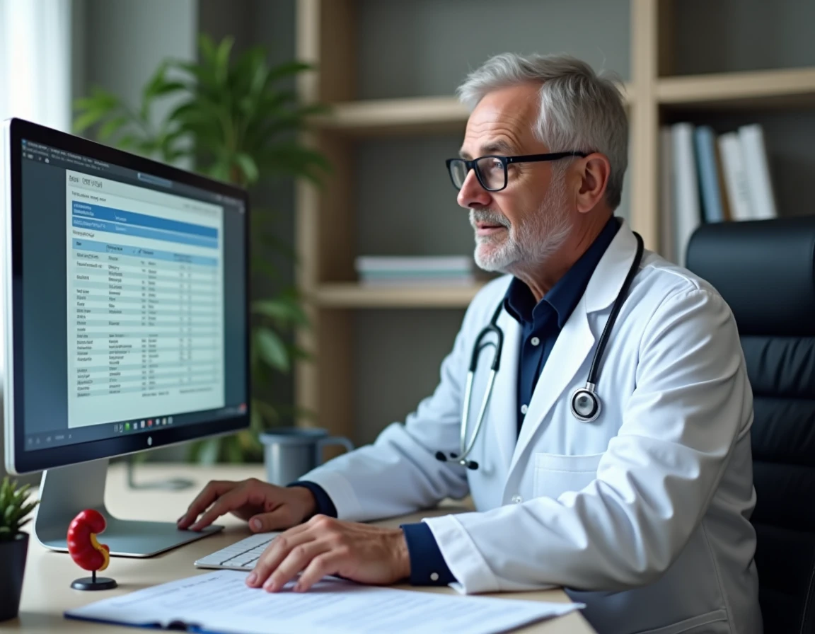 Néphrologue consultant les résultats d'analyse de sang avec le taux de DFG pour évaluer une insuffisance rénale débutante chez un patient