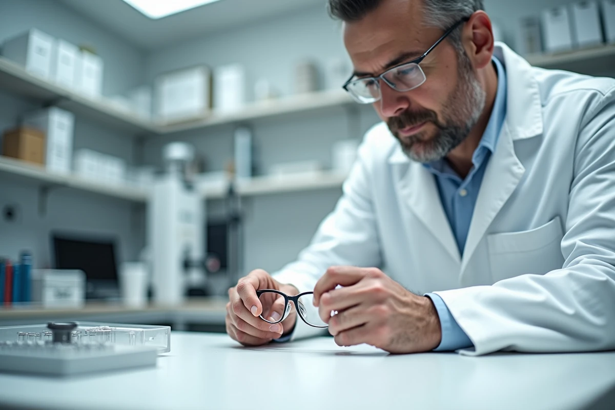 Opticien professionnel inspectant des verres de lunettes ZEISS avec un lensomètre en laboratoire optique