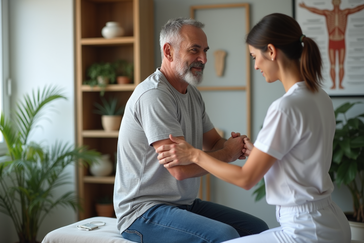 Homme en consultation d'osteopathie dans un cabinet moderne