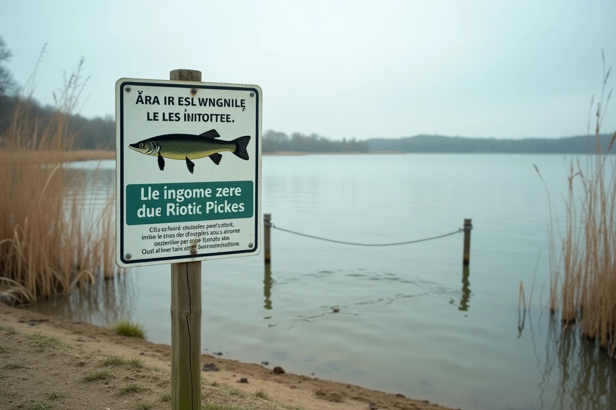 Panneau de sécurité au bord d'un lac de baignade avertissant de la présence de brochets dans la zone de natation en France