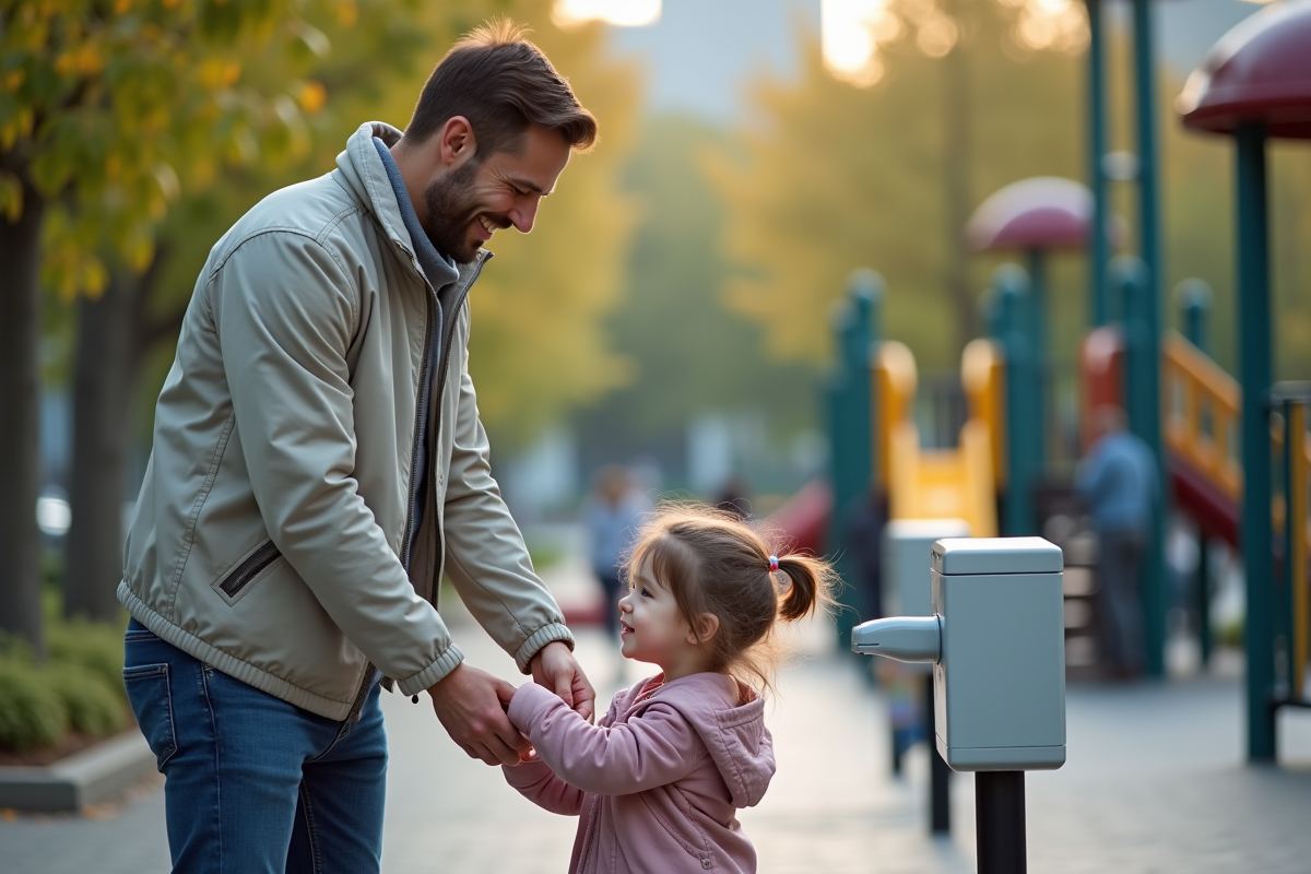 Jeune père et fille utilisant du gel désinfectant dans un parc