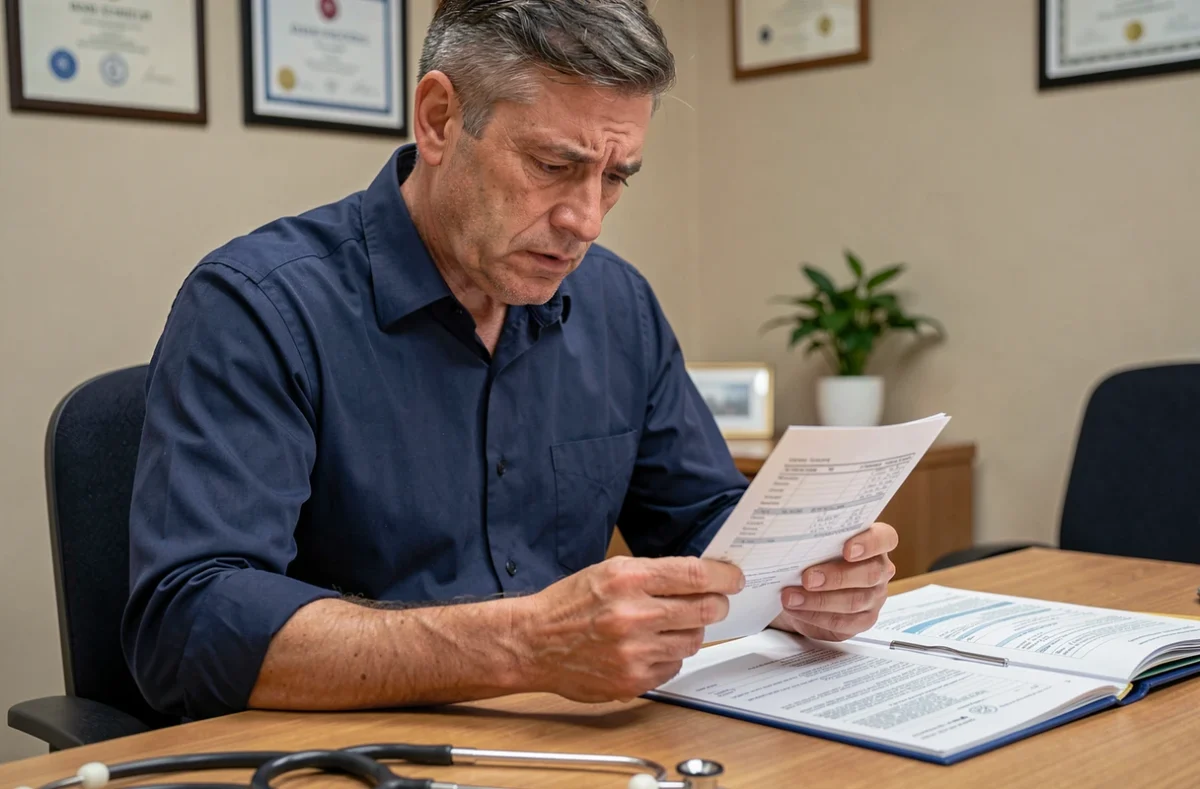 Patient masculin en consultation médicale examinant une ordonnance de cortisone avec son médecin