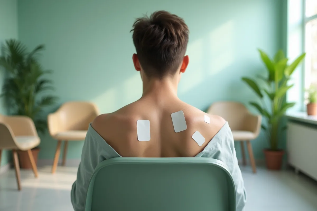 Jeune homme avec patchs allergiques sur le dos en salle d