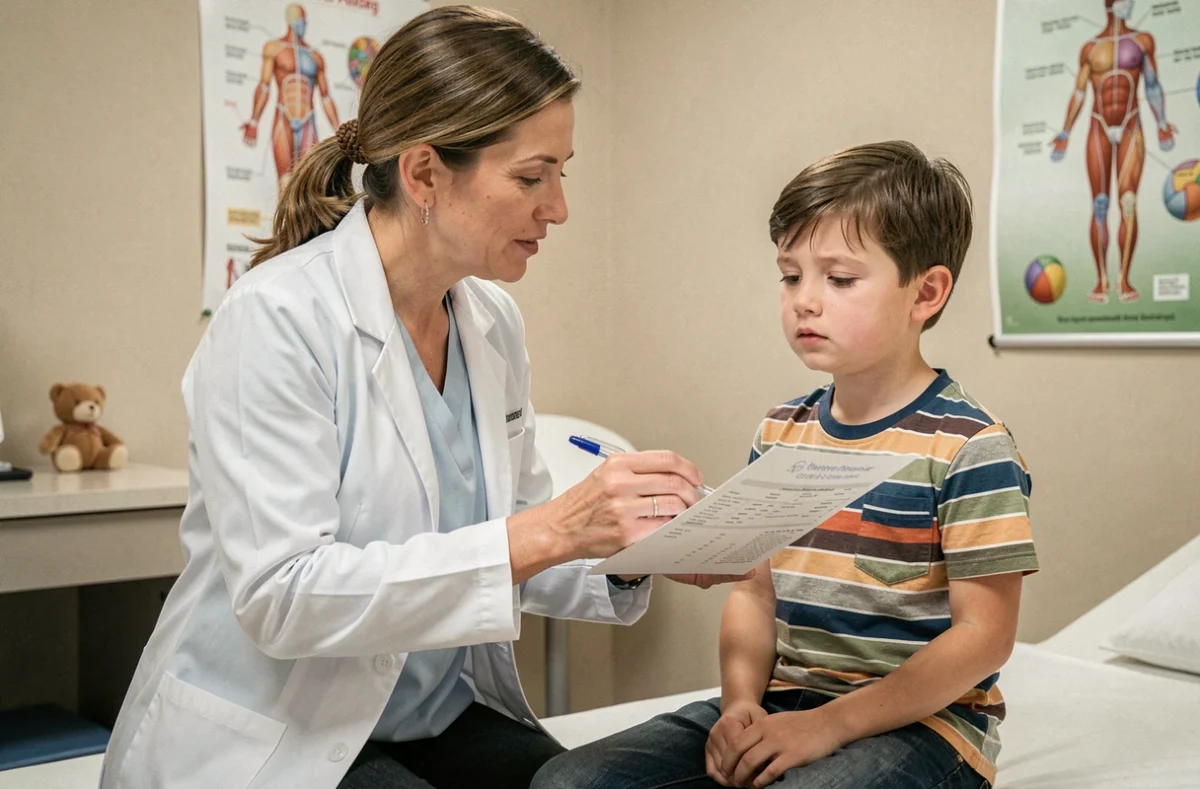 Pédiatre expliquant des résultats d'analyse de sang à un enfant en consultation médicale