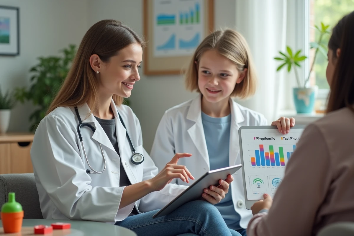 Pediatre expliquant résultats à un parent dans un cabinet