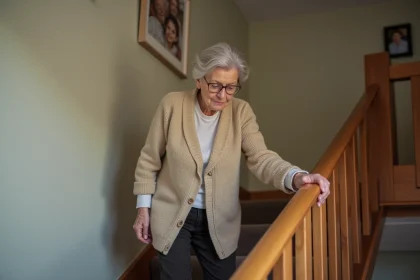 Femme agee descend un escalier avec mainrail rassurant