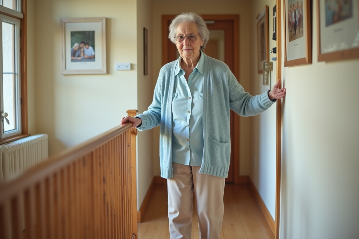 Femme agee marchant dans un couloir de maison moderne