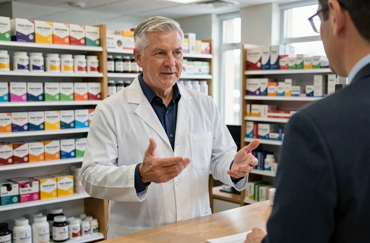 Pharmacien professionnel conseillant un client sur un complément alimentaire pour la glycémie en pharmacie