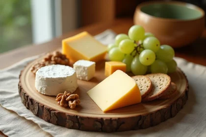 Plateau de fromages adaptés au diabète avec comté, feta, camembert et crackers complets sur une planche en bois rustique