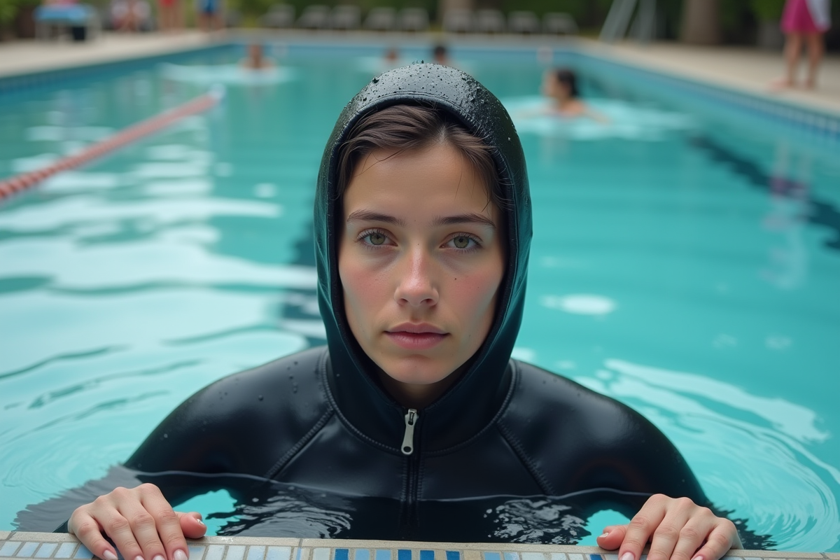 Jeune femme en combinaison émergée dans la piscine