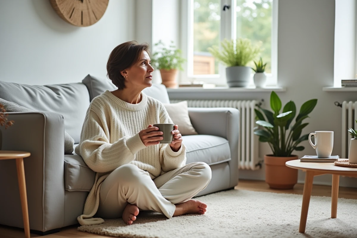 Femme détendue dans sa position assise préférée à la maison sur un canapé scandinave