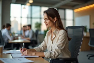 Femme en posture de travail préférée dans un bureau moderne et ergonomique