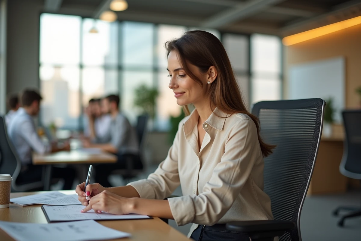Femme en posture de travail préférée dans un bureau moderne et ergonomique