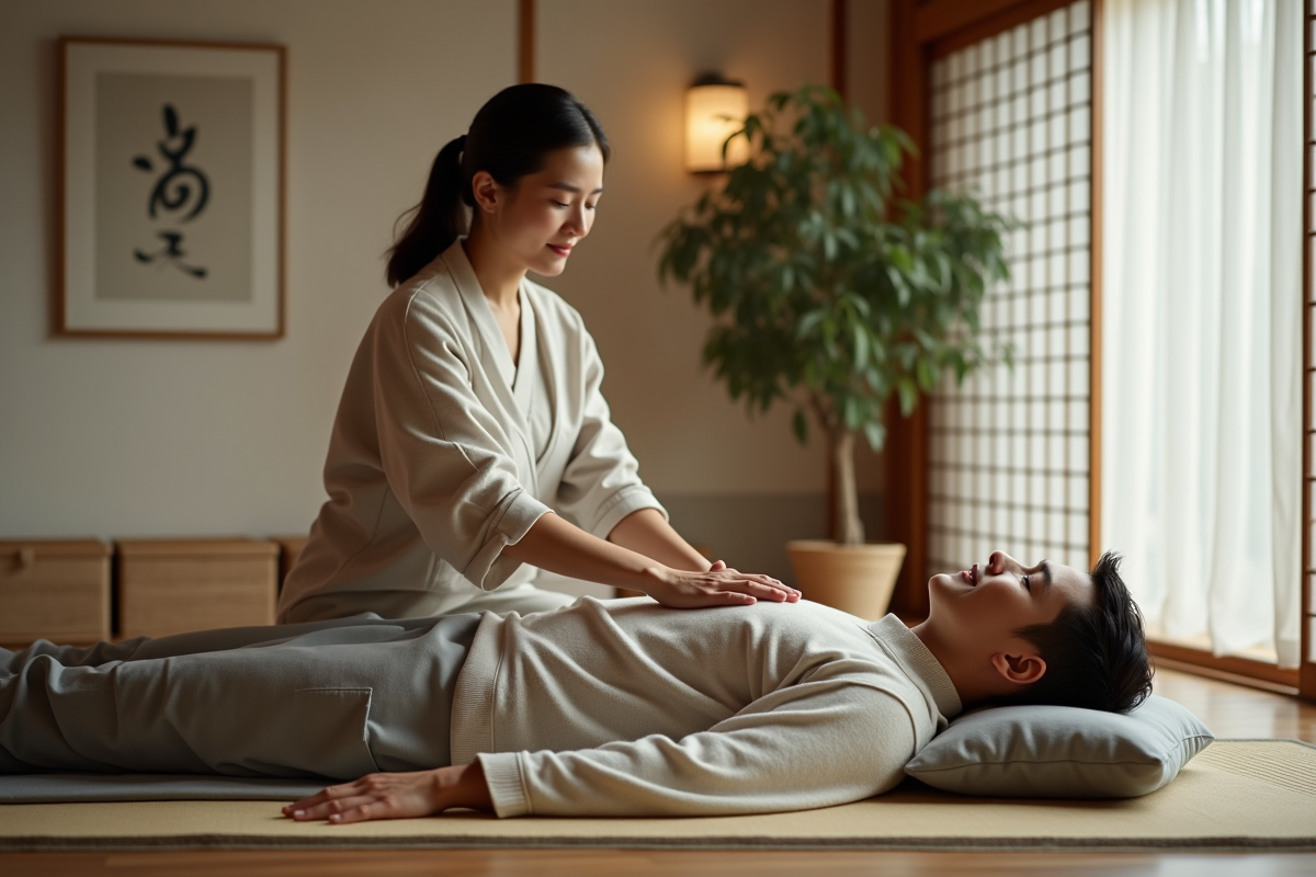 Praticien reiki pratique sur un homme dans un intérieur japonais