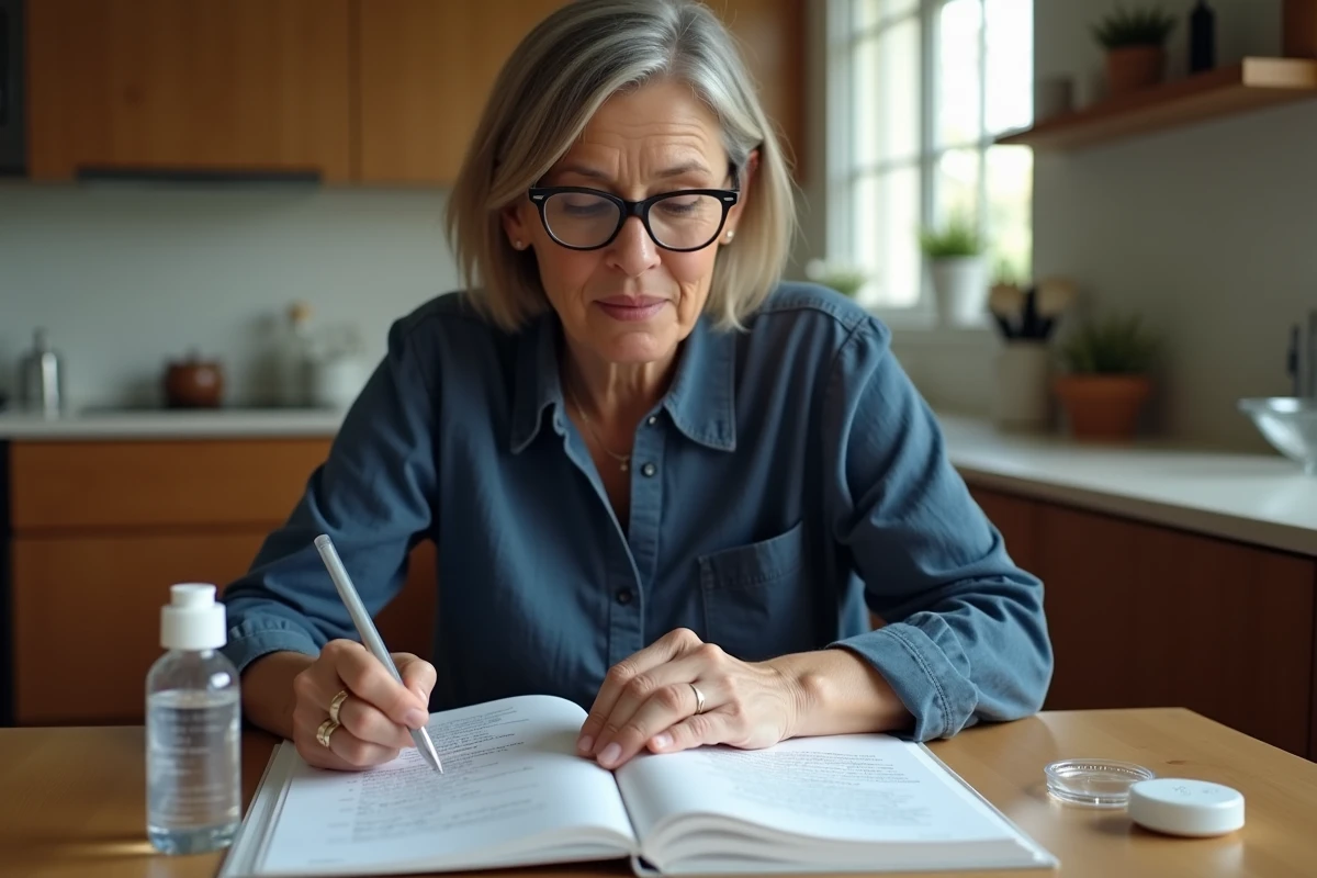 Femme lisant une liste de précautions pour sérum physiologique maison pour lentilles avec flacon et étui posés sur une table en bois