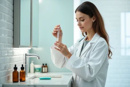 Femme préparant un sérum physiologique maison pour lentilles de contact avec pipette et flacons en verre sur comptoir de salle de bain