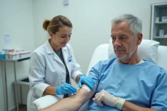 Infirmière réalisant une prise de sang sur un patient adulte pour analyser le débit de filtration glomérulaire dans le cadre d'une insuffisance rénale débutante