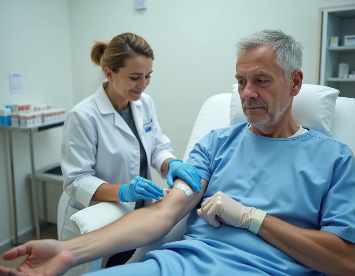Infirmière réalisant une prise de sang sur un patient adulte pour analyser le débit de filtration glomérulaire dans le cadre d'une insuffisance rénale débutante