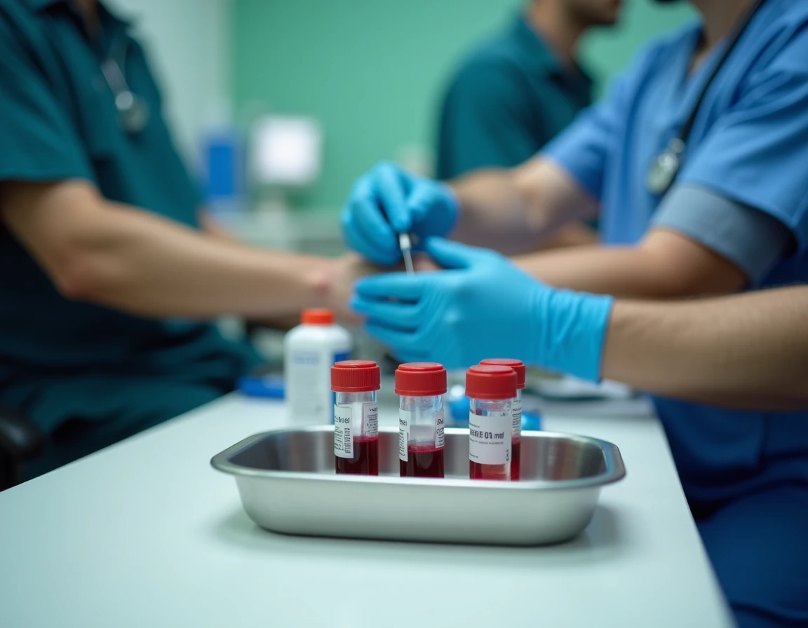 Préleveur effectuant une prise de sang sur un patient pour analyser les transaminases SGPT dans un laboratoire médical