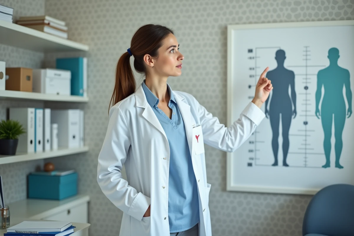 Professionnelle de santé pointe un diagramme sur un mur