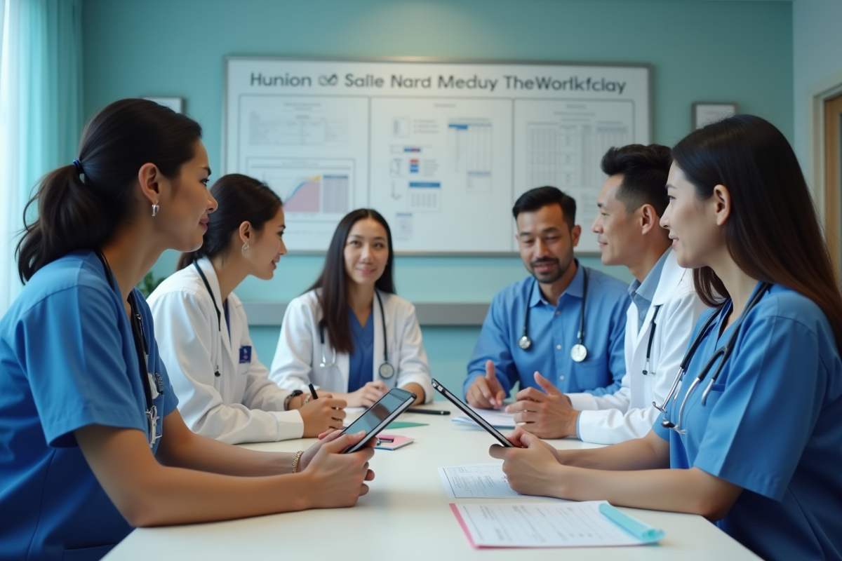 Professionnels de santé en réunion dans un hôpital moderne