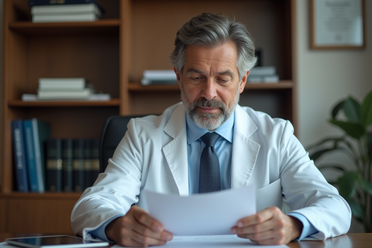 Médecin psychiatre en cabinet privé avec livres et diplôme