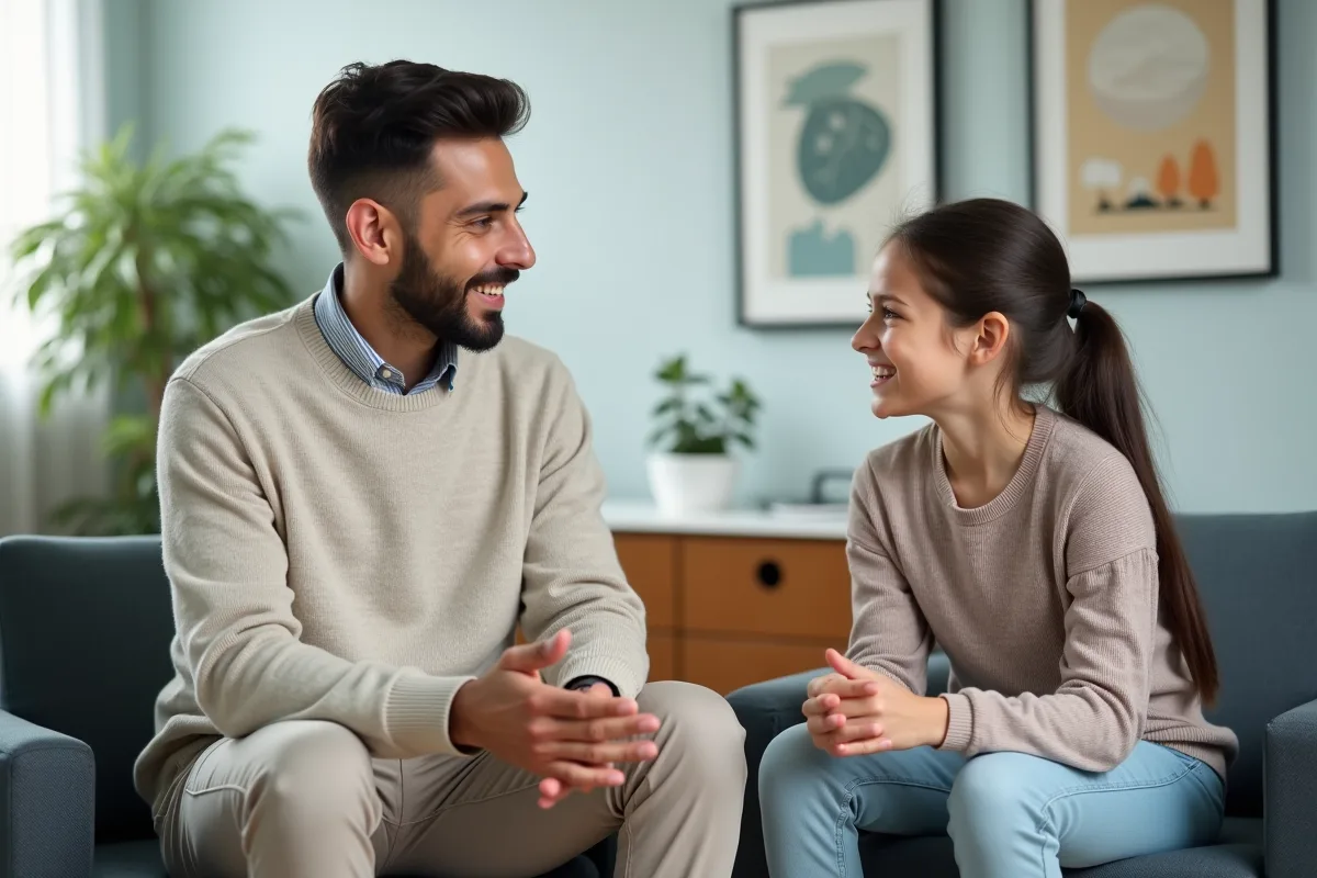 Jeune psychologue en discussion avec une adolescente dans une salle moderne