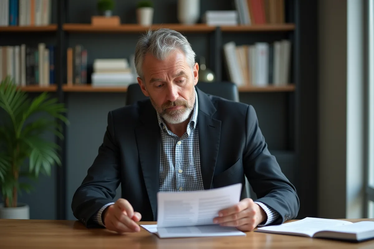 Psychologue homme lisant le DSM6 dans son bureau calme
