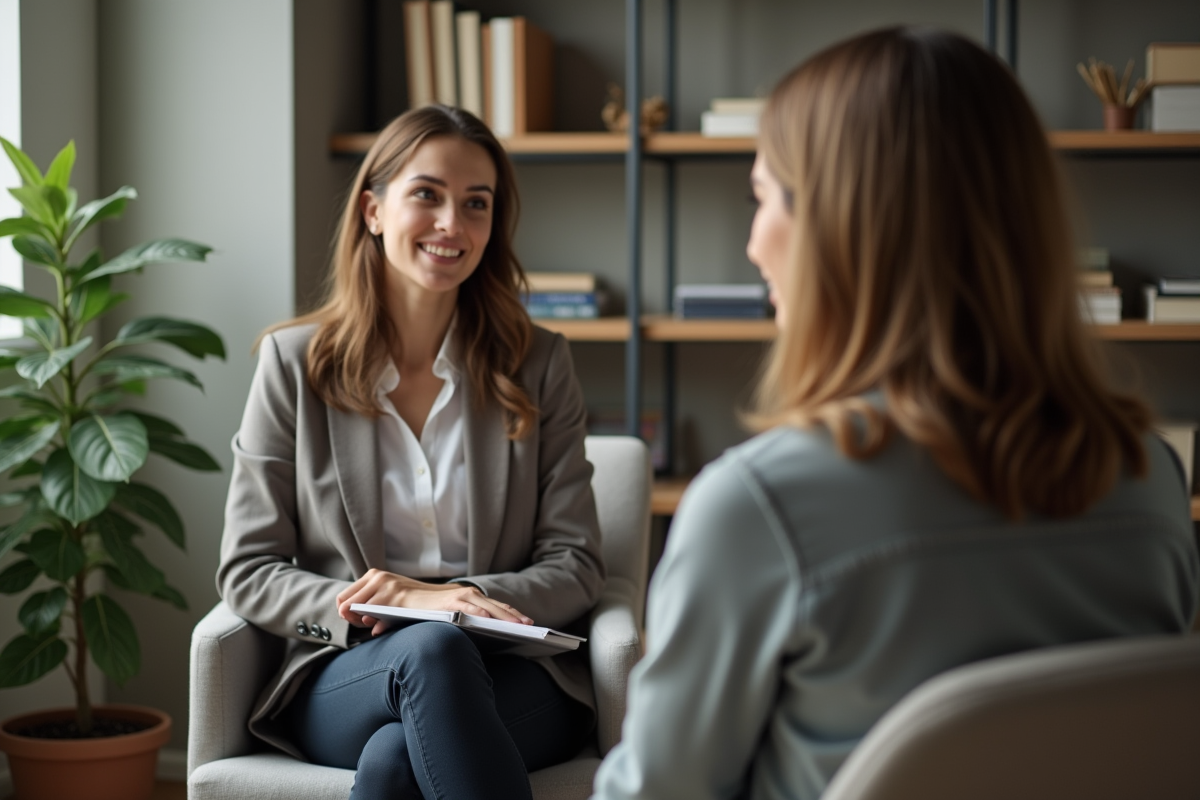Psychologue en séance avec un client dans un bureau accueillant