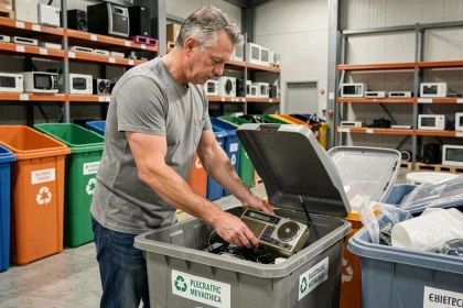 Homme déposant une vieille radio dans un bac de collecte pour déchets électroniques dans un centre de recyclage moderne