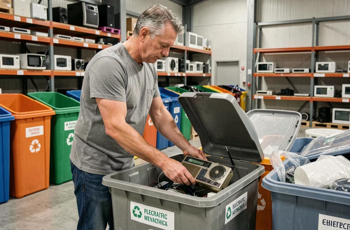 Homme déposant une vieille radio dans un bac de collecte pour déchets électroniques dans un centre de recyclage moderne