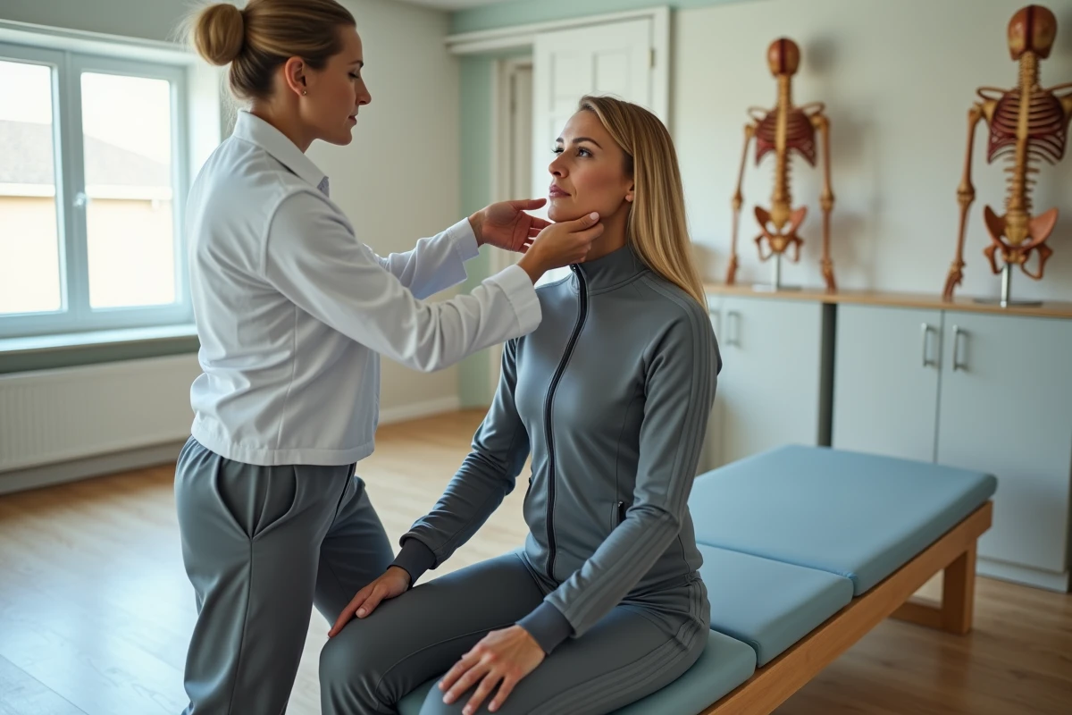 Femme en rééducation avec un thérapeute dans un centre moderne
