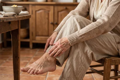 Femme âgée massant son talon avec un remède de grand-mère dans une cuisine rustique