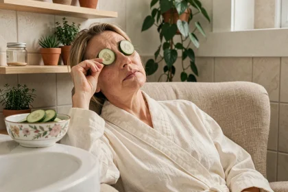 Femme qui apaise ses yeux fatigués avec des rondelles de concombre, remède de grand-mère naturel