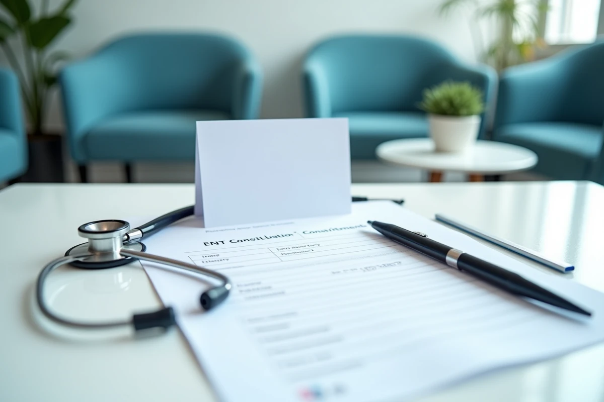 Carte de rendez-vous ORL et stéthoscope sur le bureau d'une salle d'attente médicale, symbolisant l'importance de consulter un spécialiste pour un diagnostic fiable du cancer de la langue