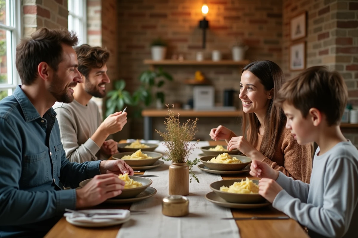 Famille réunie autour d'une table pour un repas mixé et doux adapté après une extraction dentaire
