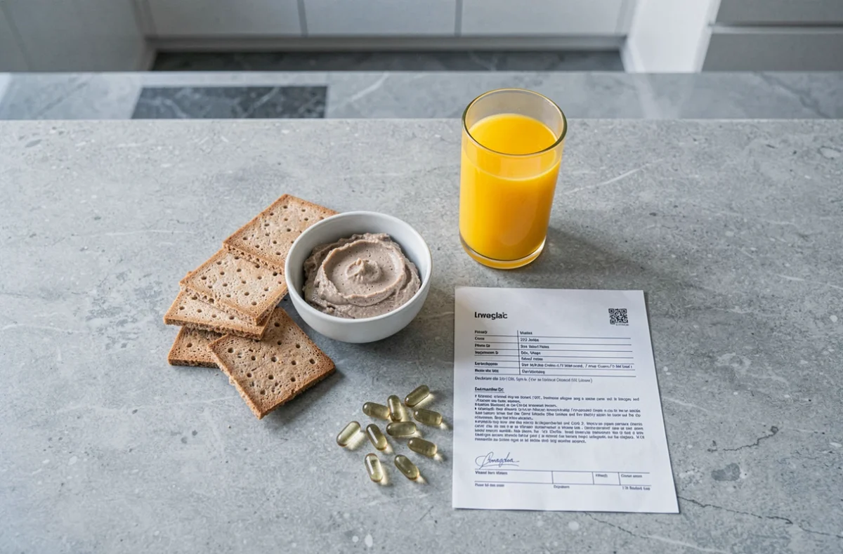 Vue du dessus d'un repas nordique avec pâté de foie de morue sur des crackers, jus d'orange, capsules oméga-3 et ordonnance médicale sur un plan de travail en pierre grise
