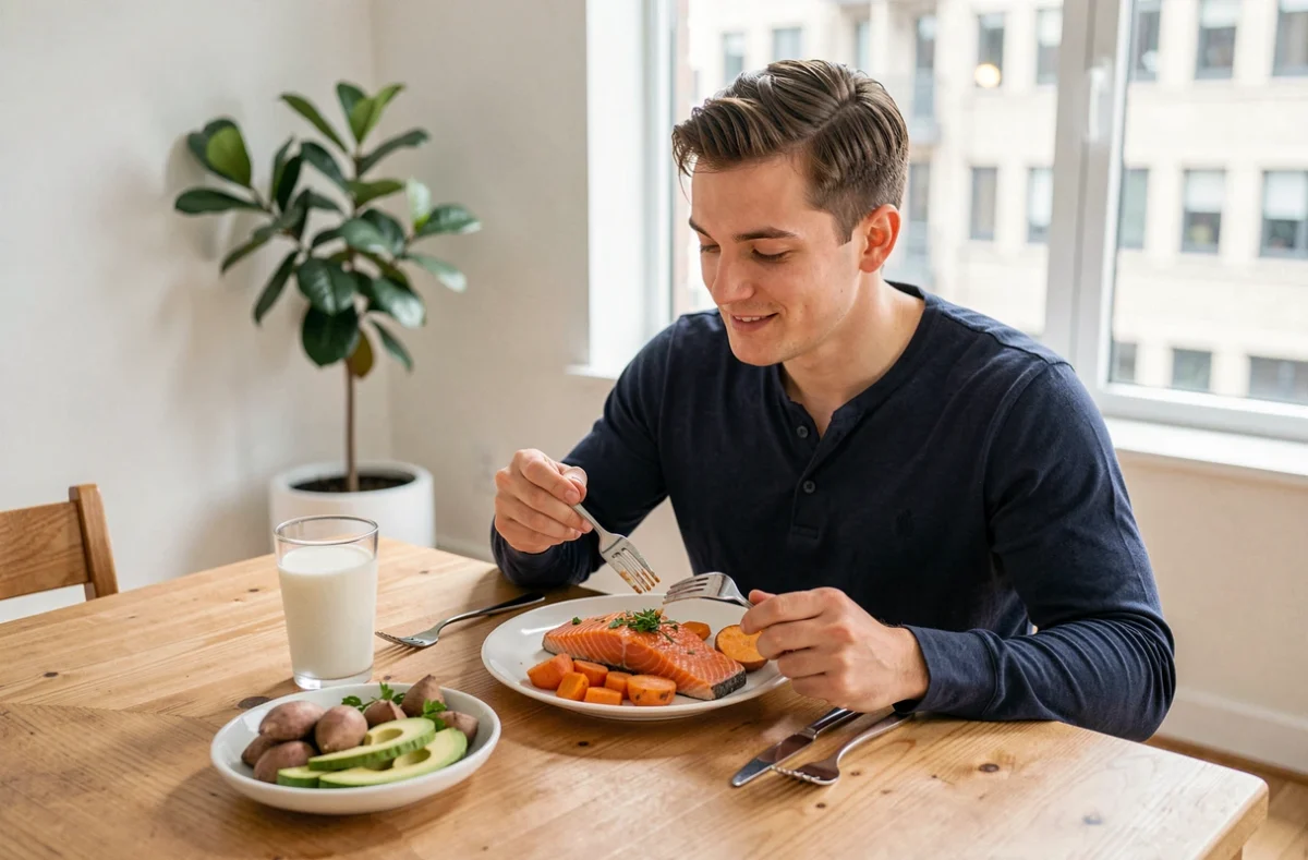 Homme athlétique 70 kg mangeant un repas riche en protéines et glucides pour une prise de muscle propre à table