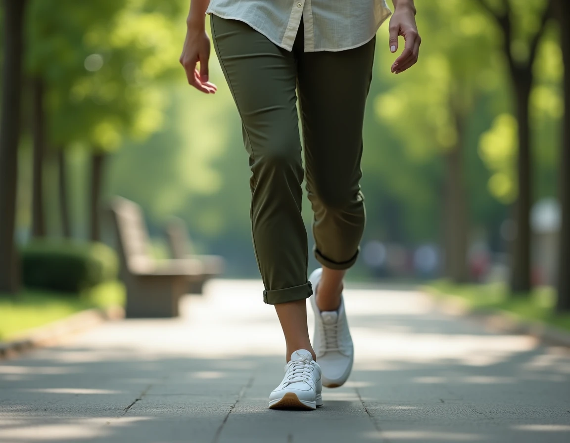 Femme reprenant la marche progressivement dans un parc avec des chaussures orthopédiques adaptées pour soulager une épine calcanéenne