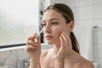 Jeune femme appliquant une cure soin visage Circle CLEAR dans sa routine beauté matinale devant un miroir de salle de bain en marbre