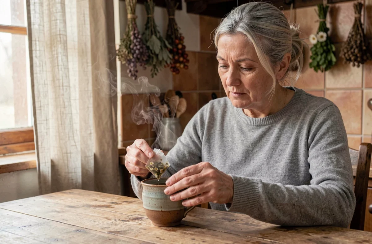 Grand-mère préparant des sachets de camomille pour soulager les yeux fatigués, remède naturel maison