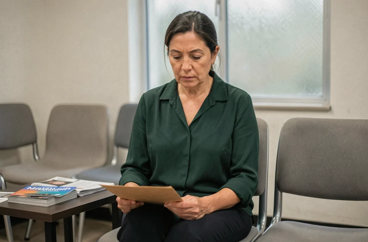Femme dans une salle d'attente tenant son dossier médical avant un entretien MDPH pour dépression