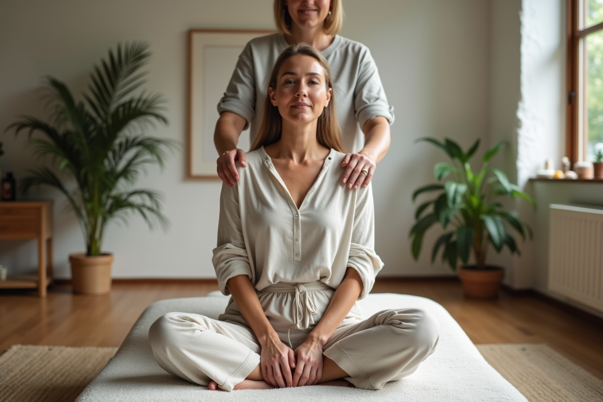 Femme détendue recevant un soin reiki dans un studio calme