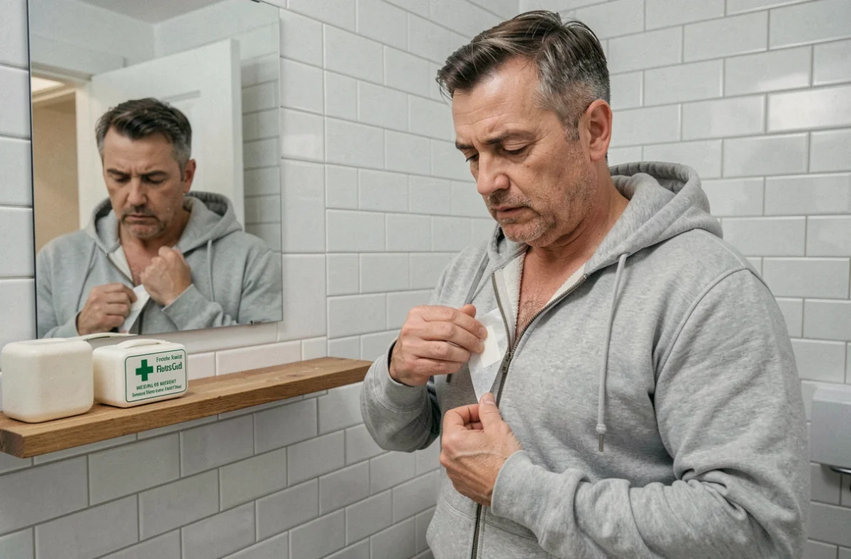 Patient changeant seul le pansement de son port-à-cath à domicile dans une salle de bain propre